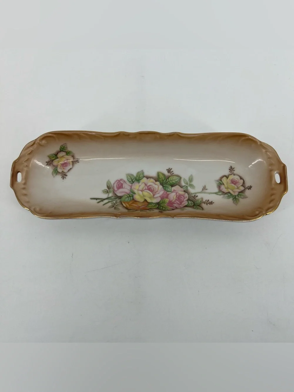 Ucagco Ceramics Japan Floral Trinket Tray 10” X 3” Skinny Slim Jewelry Dish